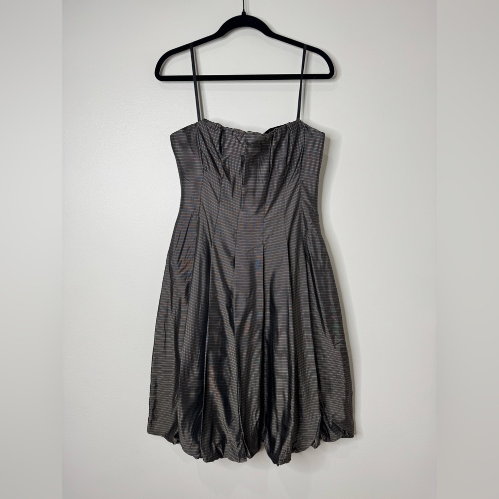 BCBGMaxAzria‎ Y2K Size 8 Black Tan Striped Bubble Hem Pleated Dress Sleeveless